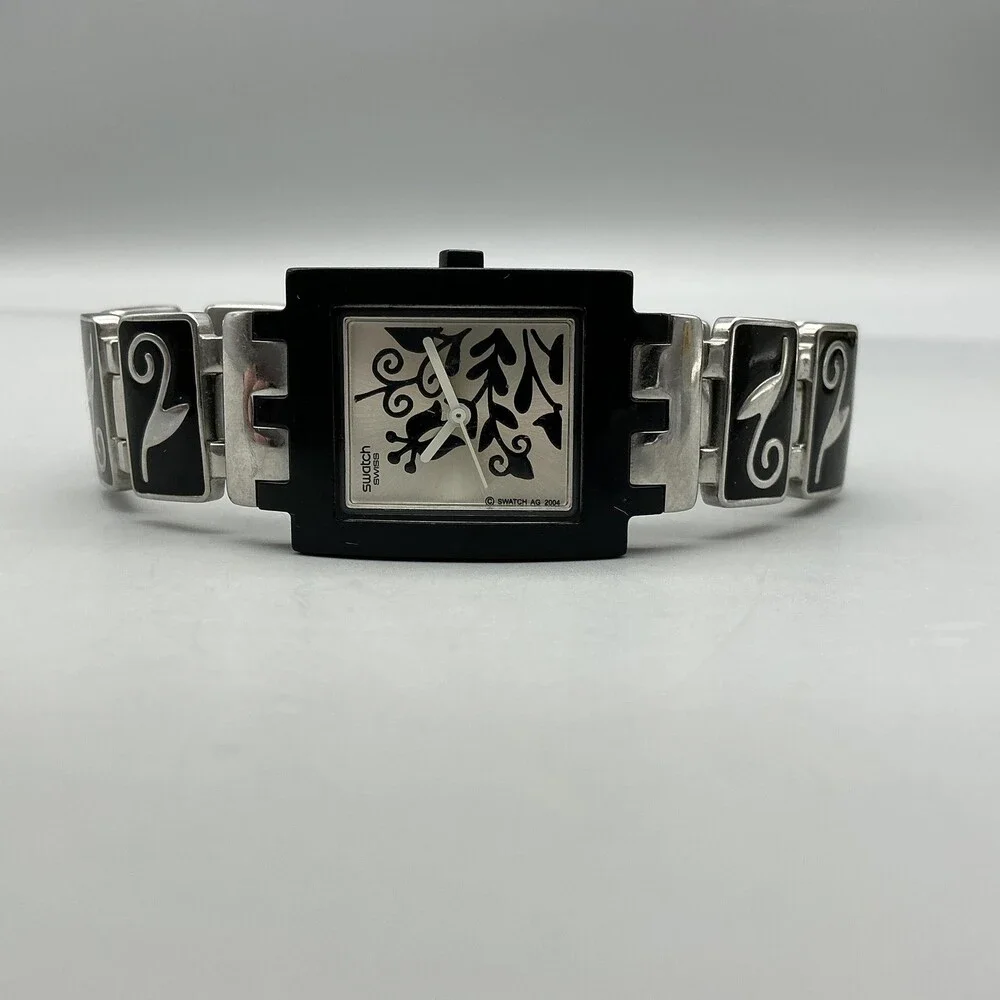 Vintage Swatch Womens Watch 24mm Silver Tone Black Floral Swiss New Battery 7